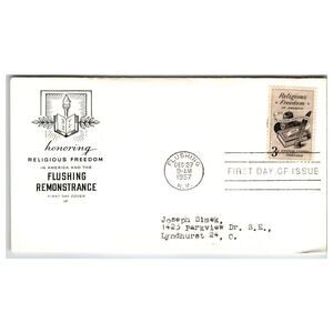 Scott #1085 1957 Religious Freedom Flushing Remonstrance FDC